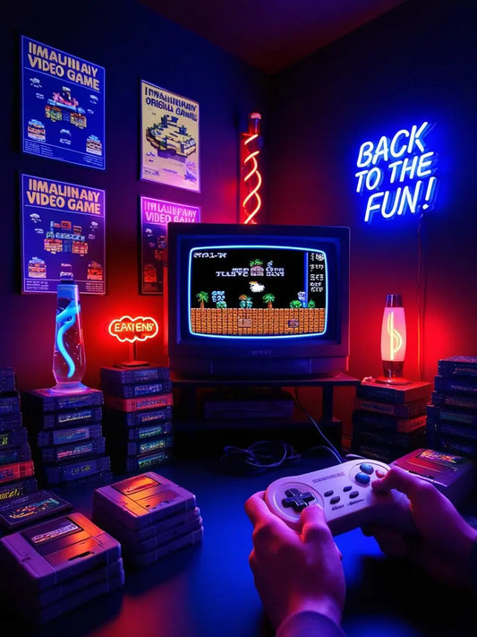 Salle de jeu rétro éclairée au néon avec une TV cathodique affichant un jeu 8-bit, cartouches empilées et manette classique en main.