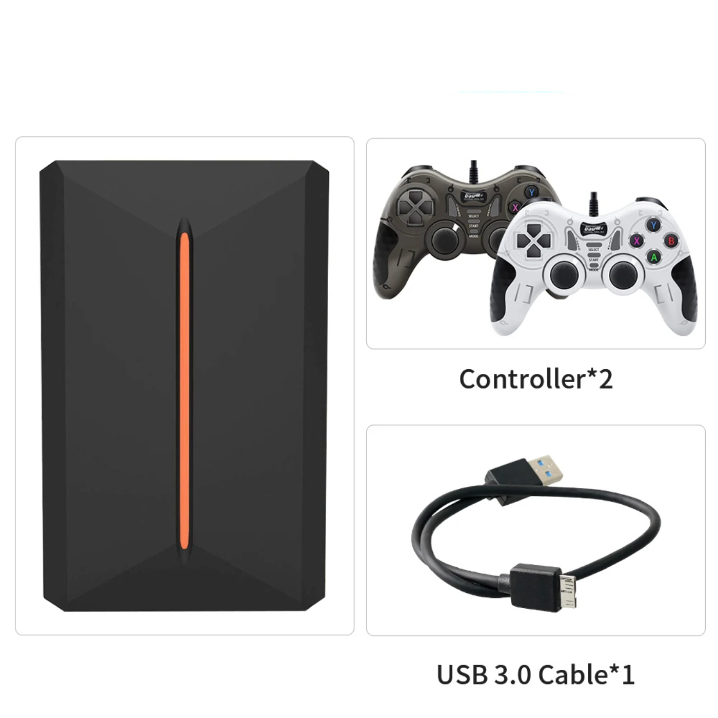 Image des accessoires inclus avec la console disque dur Plug-and-Play de 500Go pour PC Windows : boîtier HDD noir design avec bande orange, deux manettes sans fil mixtes (une grise et une blanche, style PS avec dongles USB), et un câble USB 3.0 pour connexion haute vitesse. Idéal pour plus de 3700 jeux préinstallés et 15 émulateurs rétro (PS1 à PS4, Wii, GameCube, N64, Dreamcast, etc.).