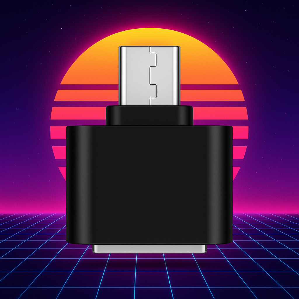 Adaptateur USB-C vers USB OTG couleur noire, affiché sur un fond néon rétro des années 80 avec soleil couchant stylisé et grille futuriste – accessoire compatible RÉTRONIC.