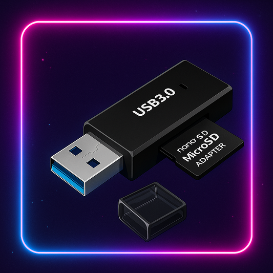 Profitez d’un transfert rapide avec cet adaptateur USB 3.0 noir. Compact et puissant, il lit les cartes SD et microSD jusqu’à 512 Go. Idéal pour PC, laptop, console RÉTRONIC ou smartphone (avec adaptateur OTG). Un indispensable haute performance !
