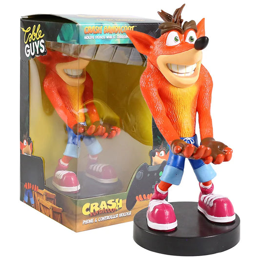 Figurine Crash Bandicoot™ de 22 cm présentée avec sa boîte d’origine Table Guys. Support manette et smartphone, objet collector sous licence.