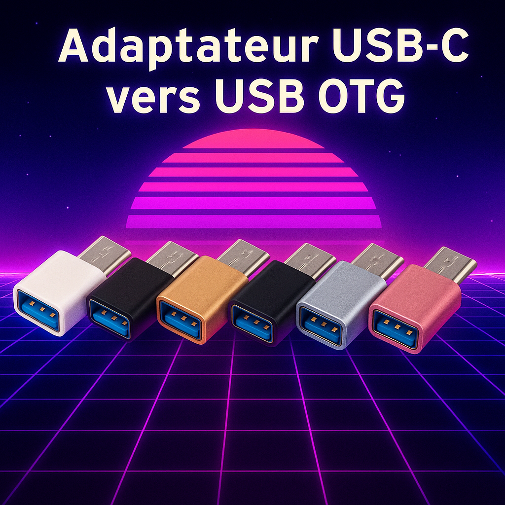 Adaptateurs USB-C vers USB OTG en cinq couleurs (blanc, noir, or, argent, rose gold) présentés sur un fond néon style années 80 avec coucher de soleil rétro – compatibles accessoires RÉTRONIC.