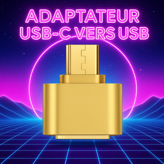 Adaptateur USB-C vers USB OTG en couleur or, mis en valeur sur un fond rétro futuriste néon style années 80 avec grille et halo lumineux – compatible accessoires RÉTRONIC.
