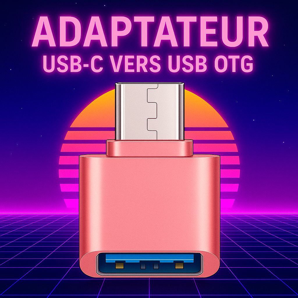 Adaptateur USB-C vers USB OTG en finition rose gold, affiché sur un fond néon rétro années 80 avec soleil stylisé et grille futuriste – accessoire compatible RÉTRONIC.