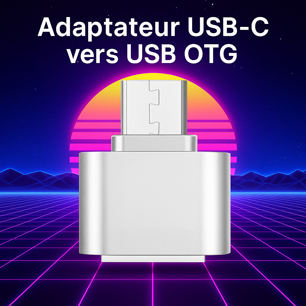Adaptateur USB-C vers USB OTG en finition argentée, mis en scène sur un fond rétro néon années 80 avec coucher de soleil stylisé et grille futuriste – accessoire compatible RÉTRONIC.