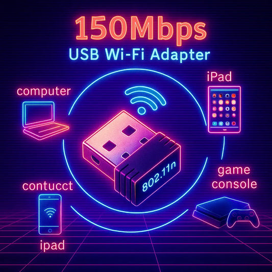 Adaptateur WiFi USB 150 Mbps 802.11n en style néon rétro connecté à plusieurs appareils : TV, console de jeux, ordinateur, tablette et smartphone – illustration vintage années 80.