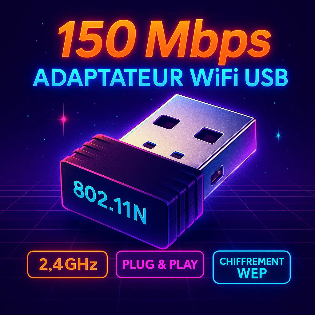 Adaptateur WiFi USB 150 Mbps 802.11n mis en avant sur fond néon rétro style années 80, compatible 2,4 GHz, Plug & Play avec chiffrement WEP – idéal pour RÉTRONIC Portable.