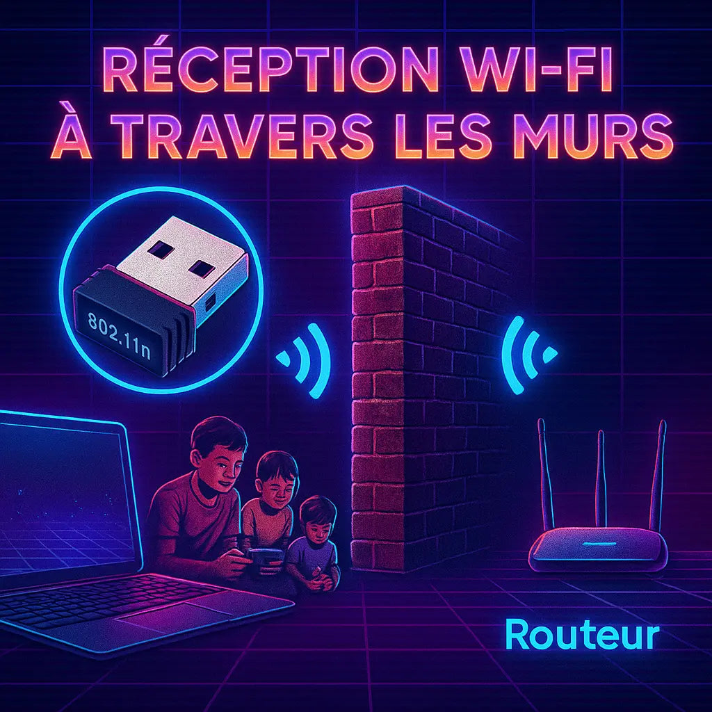 Adaptateur WiFi USB 802.11n avec réception à travers les murs, illustré en style néon rétro avec routeur, brique, enfants et ordinateur portable – compatible RÉTRONIC.
