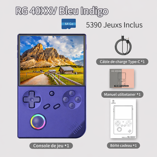 Console rétro portable ANBERNIC RG40XXV Bleu Indigo avec écran IPS 4 pouces, joystick RGB et accessoires inclus (câble USB-C, manuel, boîte cadeau).