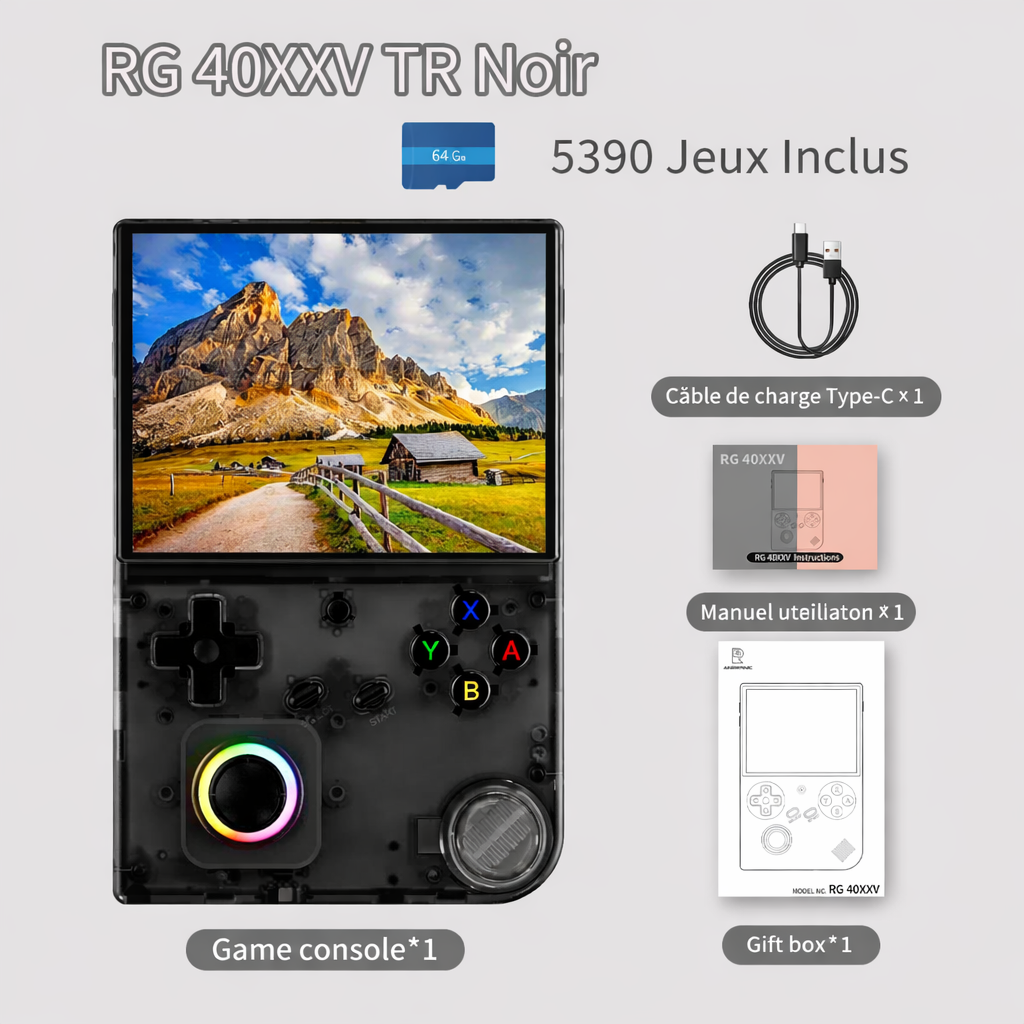 Console rétro portable ANBERNIC RG40XXV Transparent Noir avec écran IPS 4 pouces, joystick RGB et accessoires inclus (câble USB-C, manuel utilisateur, boîte cadeau).