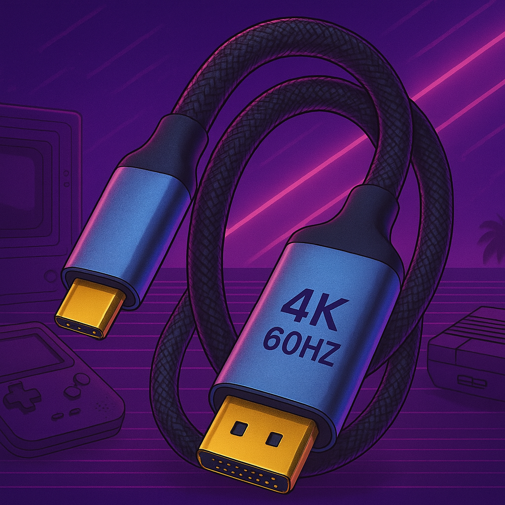 Câble HDMI vers USB-C 4K 60Hz pour console rétro R36S Pro, illustré dans un style néon années 80