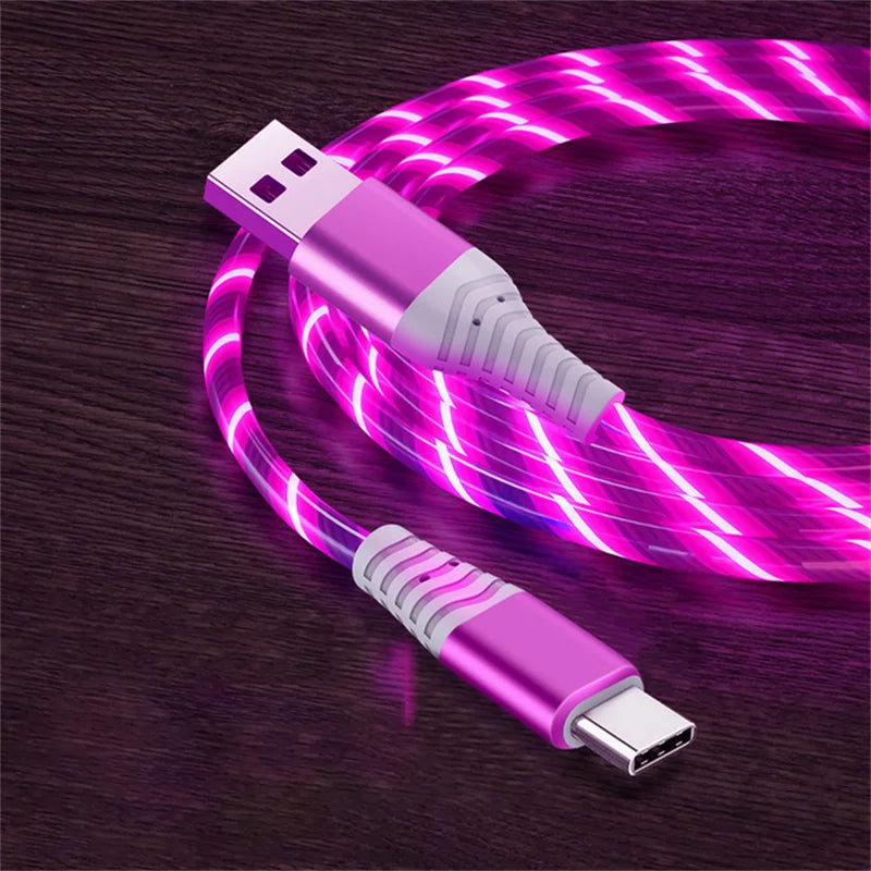 Câble USB-C lumineux rose à LED spirale, charge rapide 3A, design éclatant
