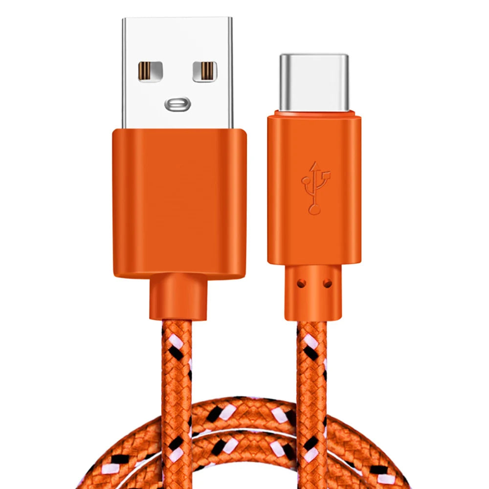 Câble USB-C orange tressé en nylon ultra résistant, avec connecteurs USB-A vers USB-C, compatible charge rapide 2.4A – accessoire coloré pour console RÉTRONIC et appareils Android/iPad.