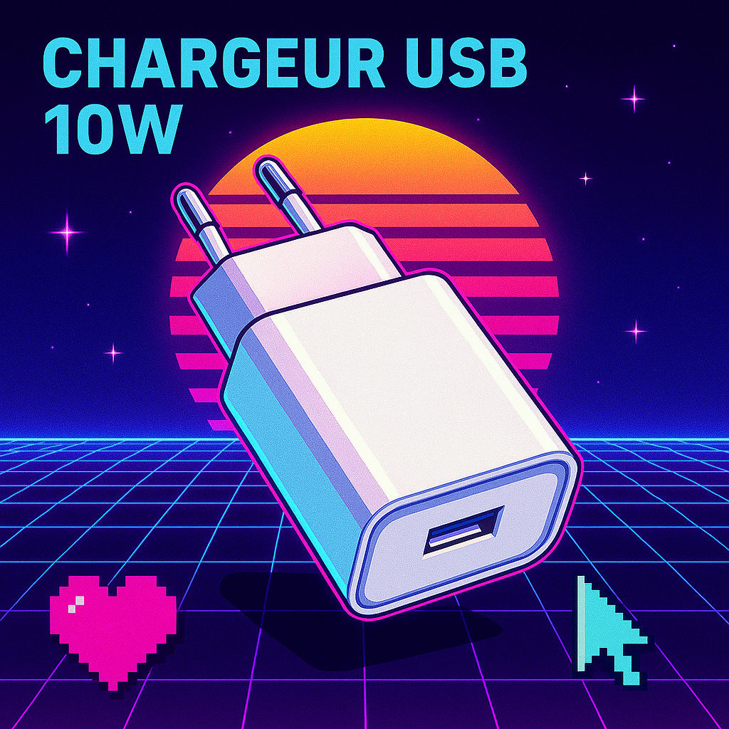 Chargeur mural USB 10W blanc, mis en avant sur un fond rétro-futuriste style années 80 avec grille néon, soleil pixelisé et éléments en pixel art – accessoire compatible RÉTRONIC Portable.