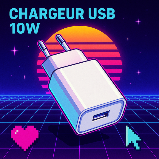 Chargeur mural USB 10W blanc, mis en avant sur un fond rétro-futuriste style années 80 avec grille néon, soleil pixelisé et éléments en pixel art – accessoire compatible RÉTRONIC Portable.
