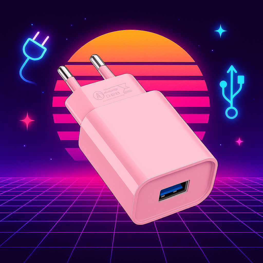 Chargeur mural USB 10W rose pastel présenté sur un fond rétro néon années 80 avec soleil stylisé, icônes électriques brillants et grille futuriste – accessoire idéal pour RÉTRONIC Portable.