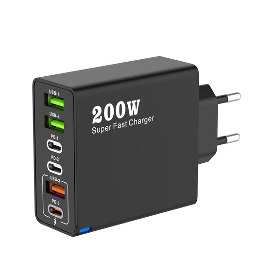 Chargeur USB-C 200W noir avec 6 ports, compatible smartphones, tablettes, consoles et ordinateurs