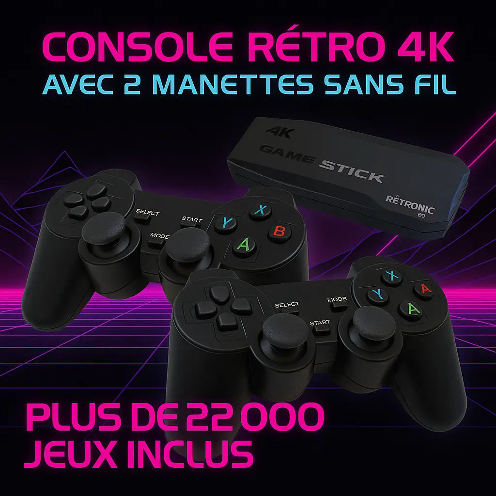 Console rétro RÉTRONIC TV Duo en style synthwave avec 2 manettes sans fil, stick HDMI 4K et plus de 22 000 jeux inclus – ambiance néon années 80.