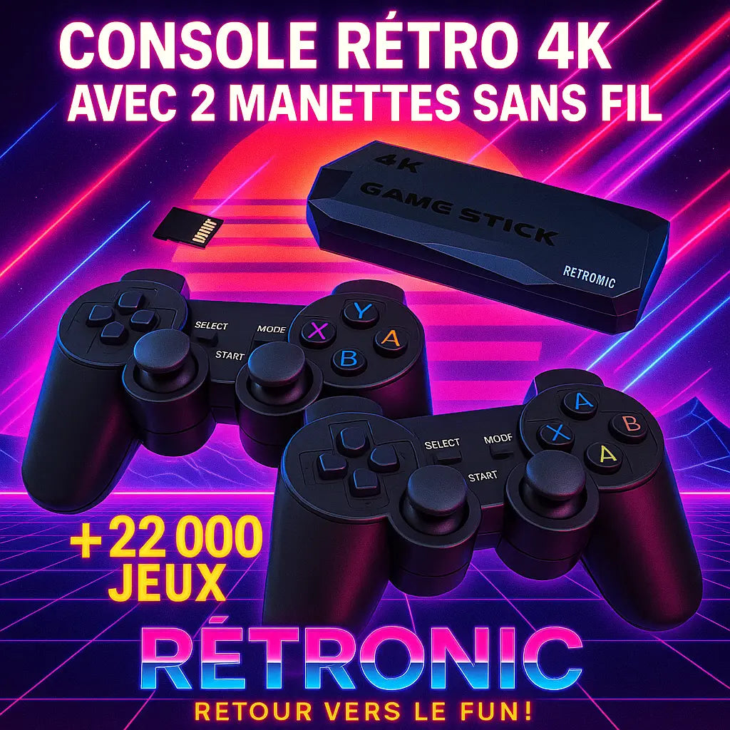 Console rétro RÉTRONIC TV Duo en style néon années 80 avec 2 manettes sans fil, stick HDMI 4K et plus de 22 000 jeux inclus – ambiance synthwave futuriste.