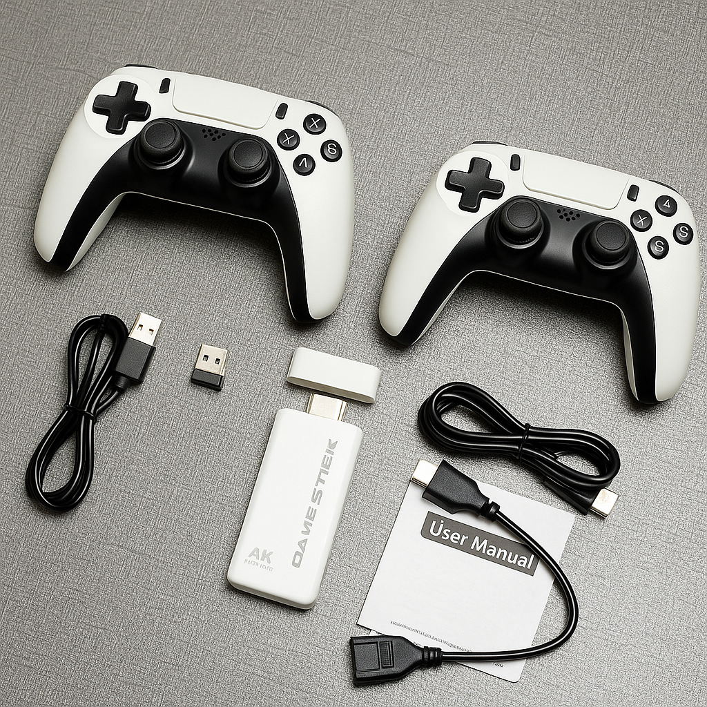 Console rétro M15 Ultra avec deux manettes sans fil, clé HDMI, câbles et manuel, vue nette sur fond gris.