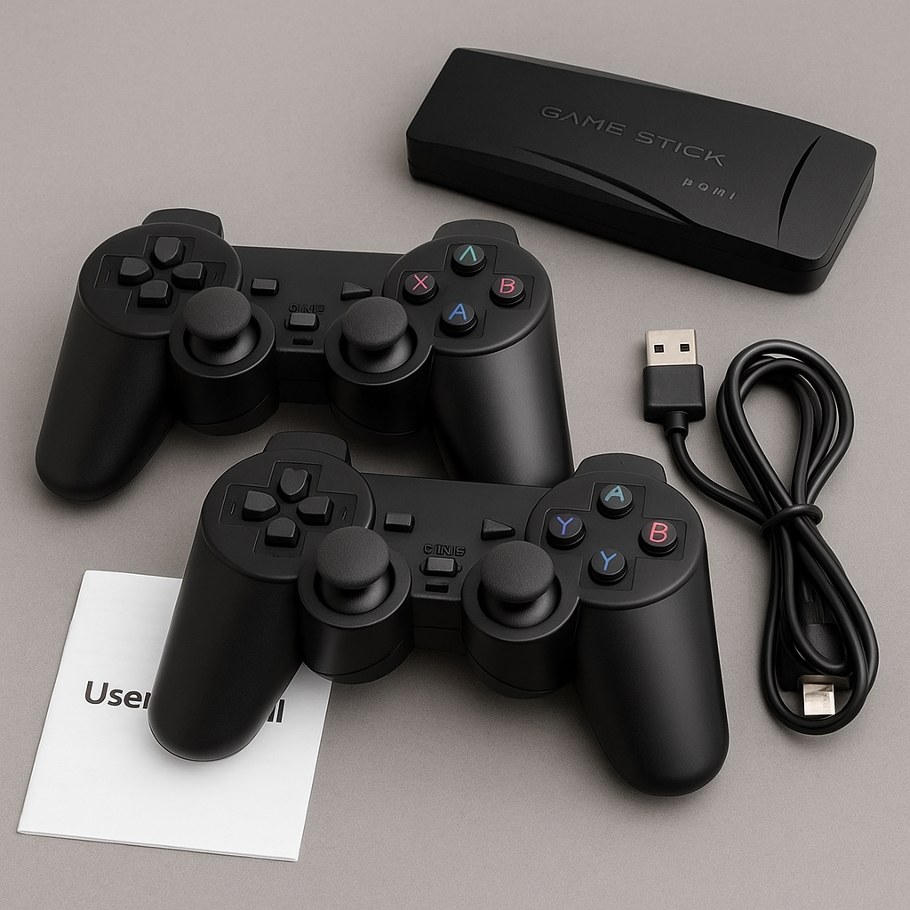 Console rétro noire avec deux manettes sans fil, clé HDMI, câble USB et manuel, vue en pack complet.