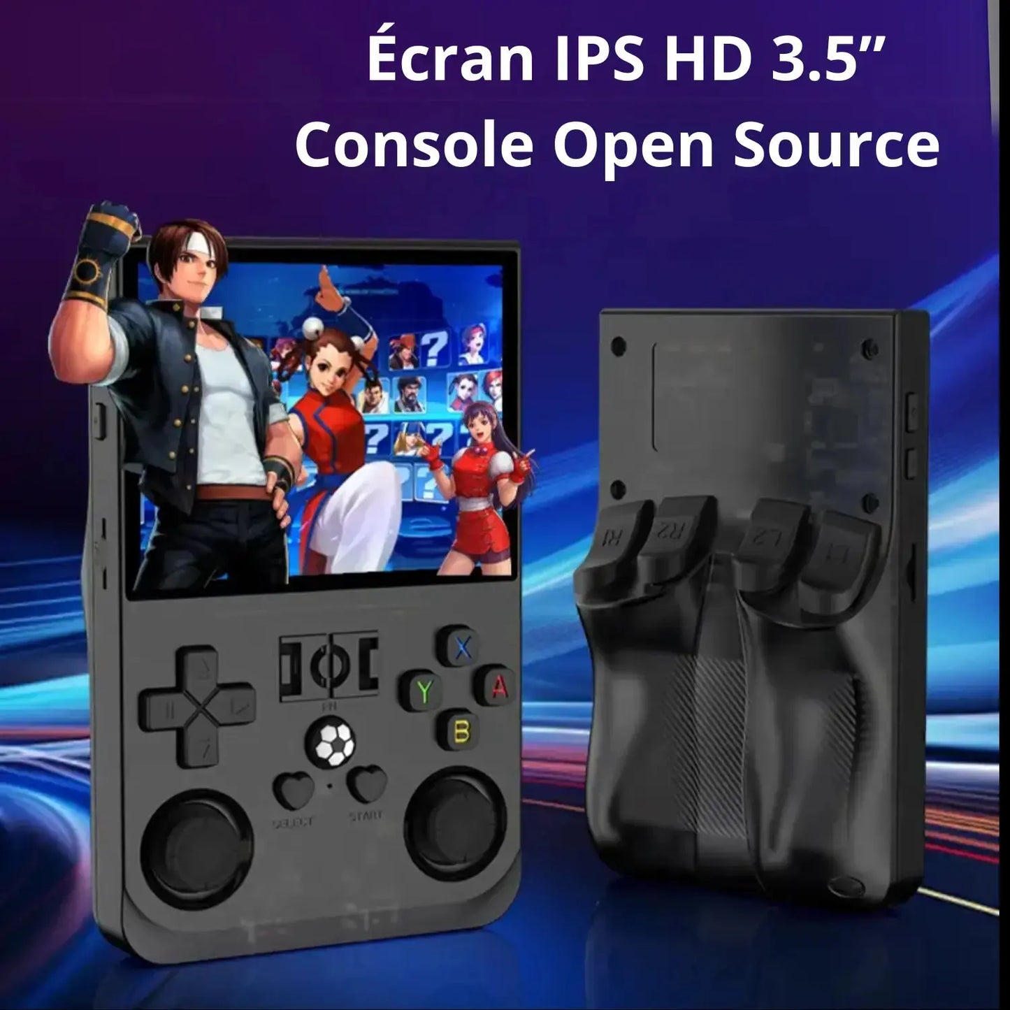 Console rétro RÉTRONIC avec écran IPS HD 3,5 pouces affichant un jeu de combat, vue avant et arrière.