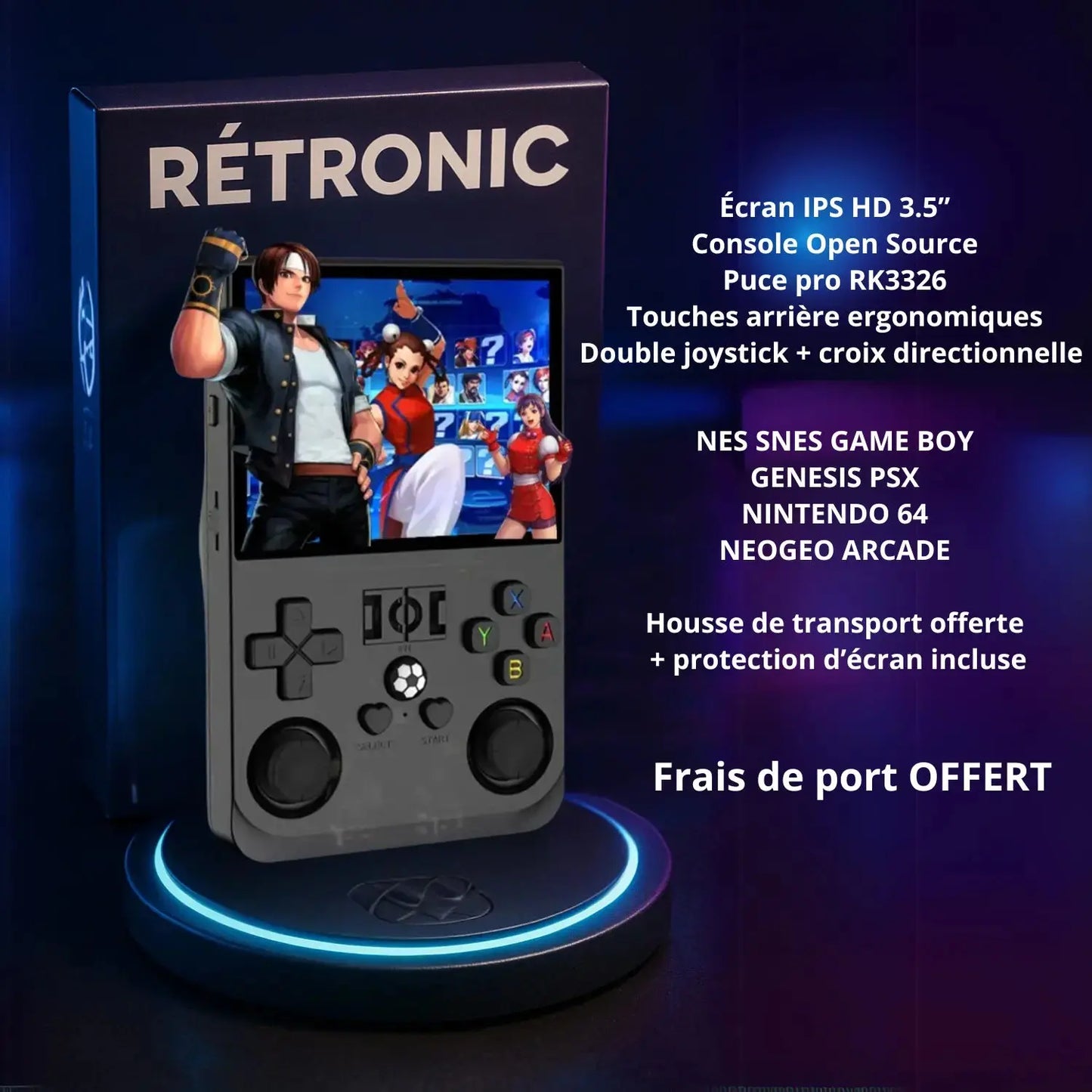 Console rétro RÉTRONIC noire posée sur socle lumineux, avec visuel de jeu de combat à l’écran, packaging stylé et résumé des caractéristiques techniques affiché.