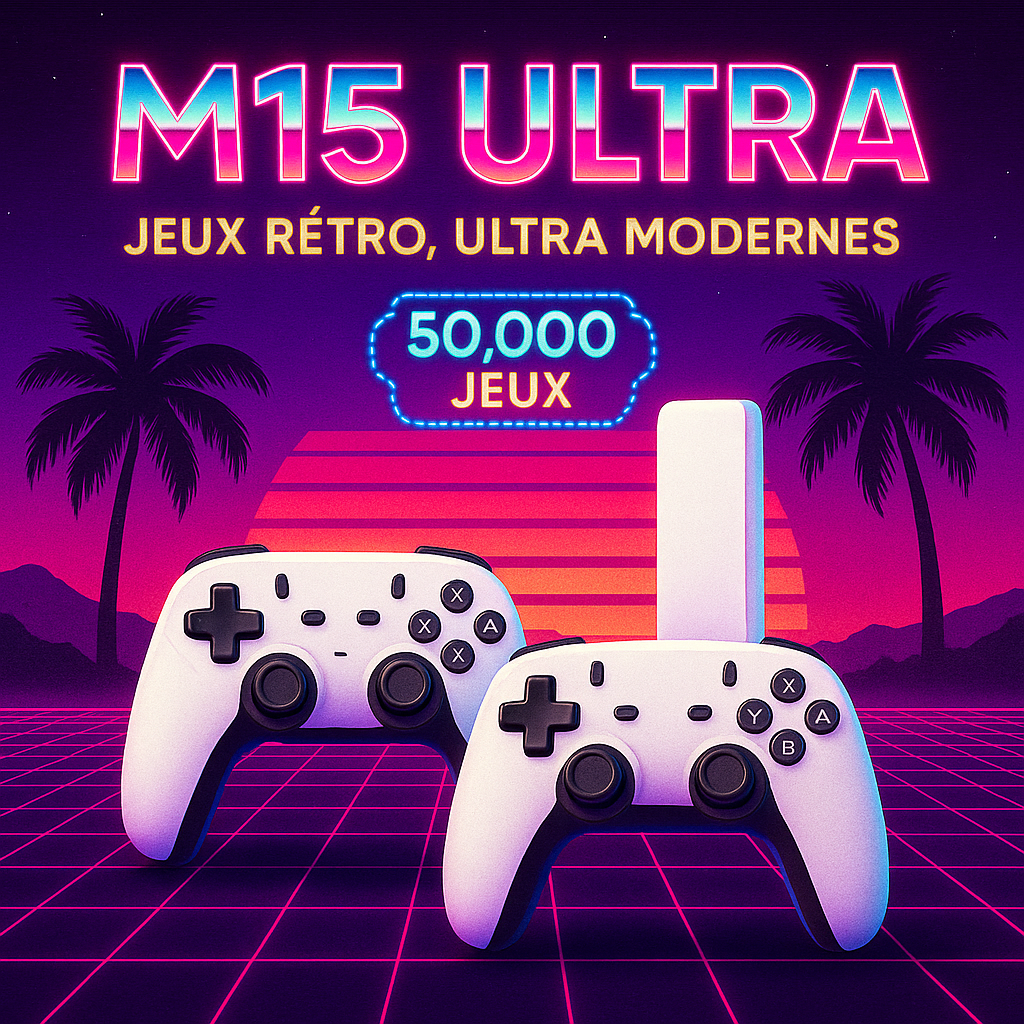 Console rétro M15 Ultra avec 50 000 jeux intégrés, deux manettes sans fil, branchement HDMI, design moderne sur fond néon années 80.