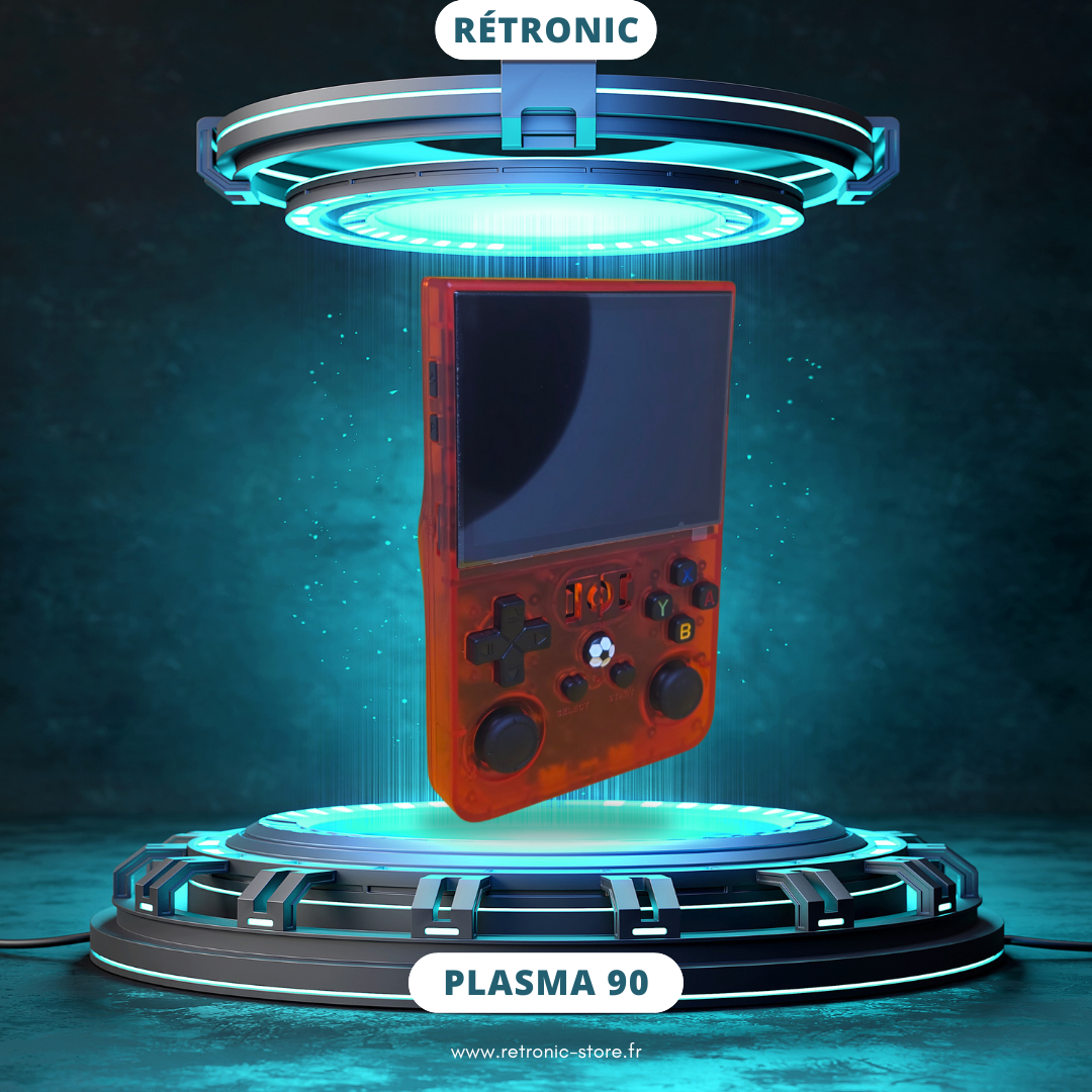 Console rétro RÉTRONIC Plasma 90 rouge – modèle R36PRO avec écran HD, +22 000 jeux inclus, design futuriste et éclairage néon