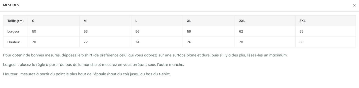 Tableau des tailles pour T-shirt unisexe Stanley/Stella du S au 3XL, avec largeur et hauteur en centimètres pour chaque taille, incluant instructions de mesure précises.
