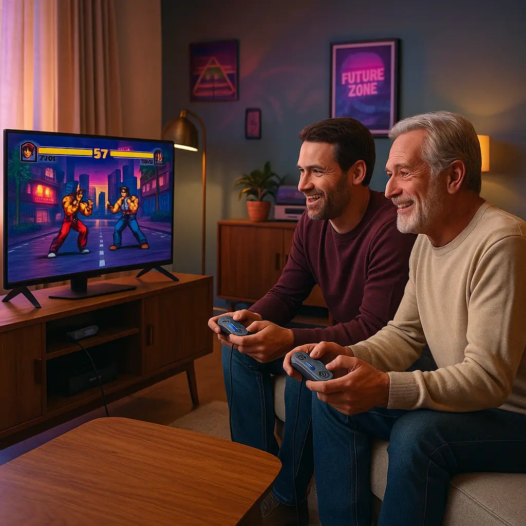 Père et fils jouant ensemble à la console rétro RÉTRONIC TV Duo dans un salon cosy, concentrés sur un jeu de combat 2D affiché en 4K sur l’écran de télévision.