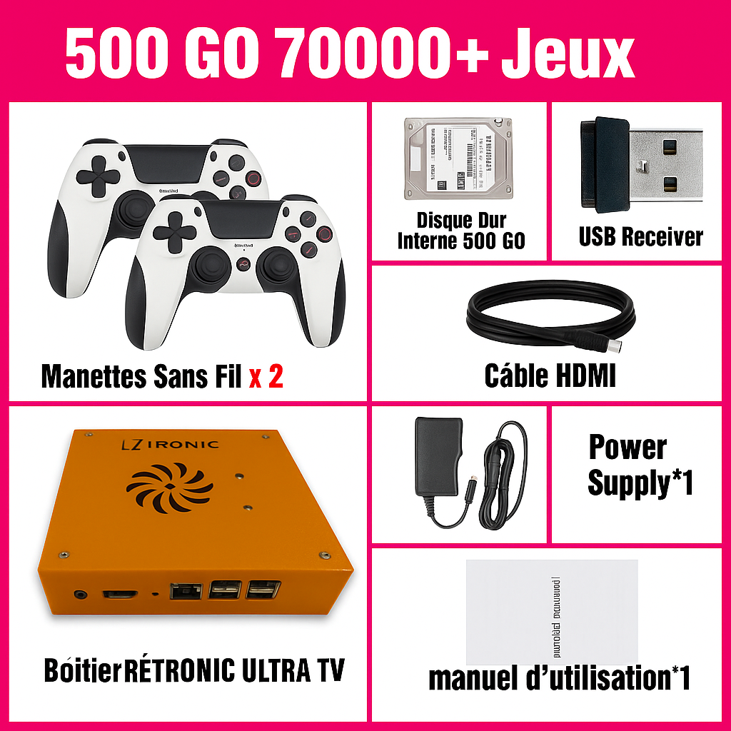 Console rétro RÉTRONIC ULTRA TV avec 70 000 jeux, manettes sans fil blanches, disque dur 500 Go, récepteur USB, câble HDMI, alimentation et manuel – pack complet.