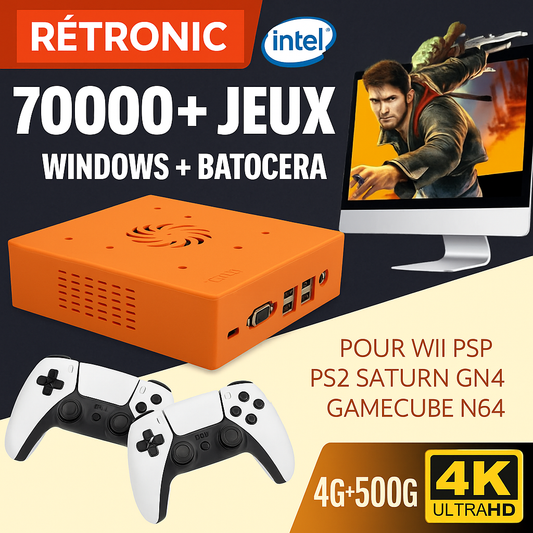 Affiche promotionnelle de la console rétro RÉTRONIC ULTRA TV avec 70 000 jeux inclus, manettes sans fil blanches, système Windows + Batocera, compatible PS2, GameCube, Wii, N64 et affichage 4K.