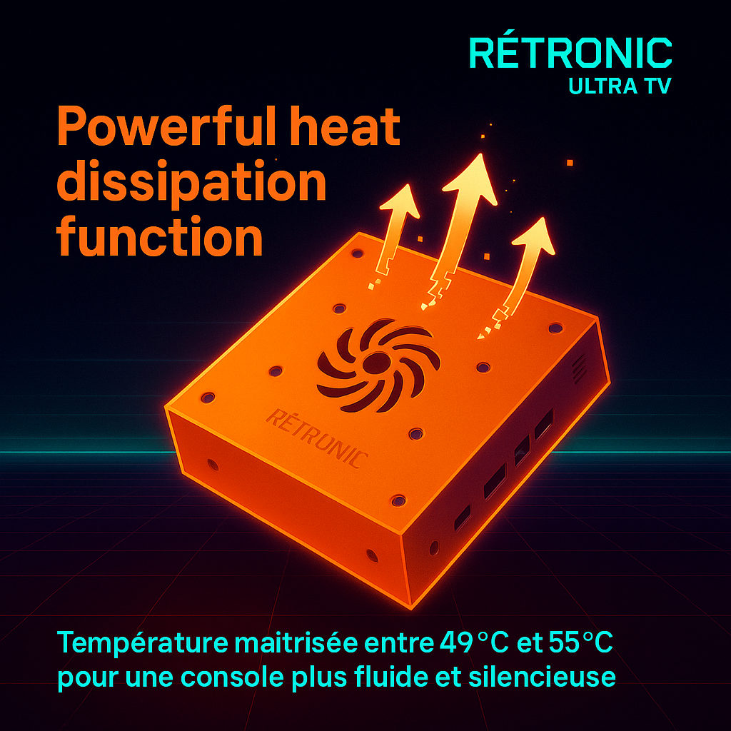 Système de dissipation thermique de la console RÉTRONIC ULTRA TV avec température régulée entre 49 °C et 55 °C pour un fonctionnement fluide, silencieux et durable.