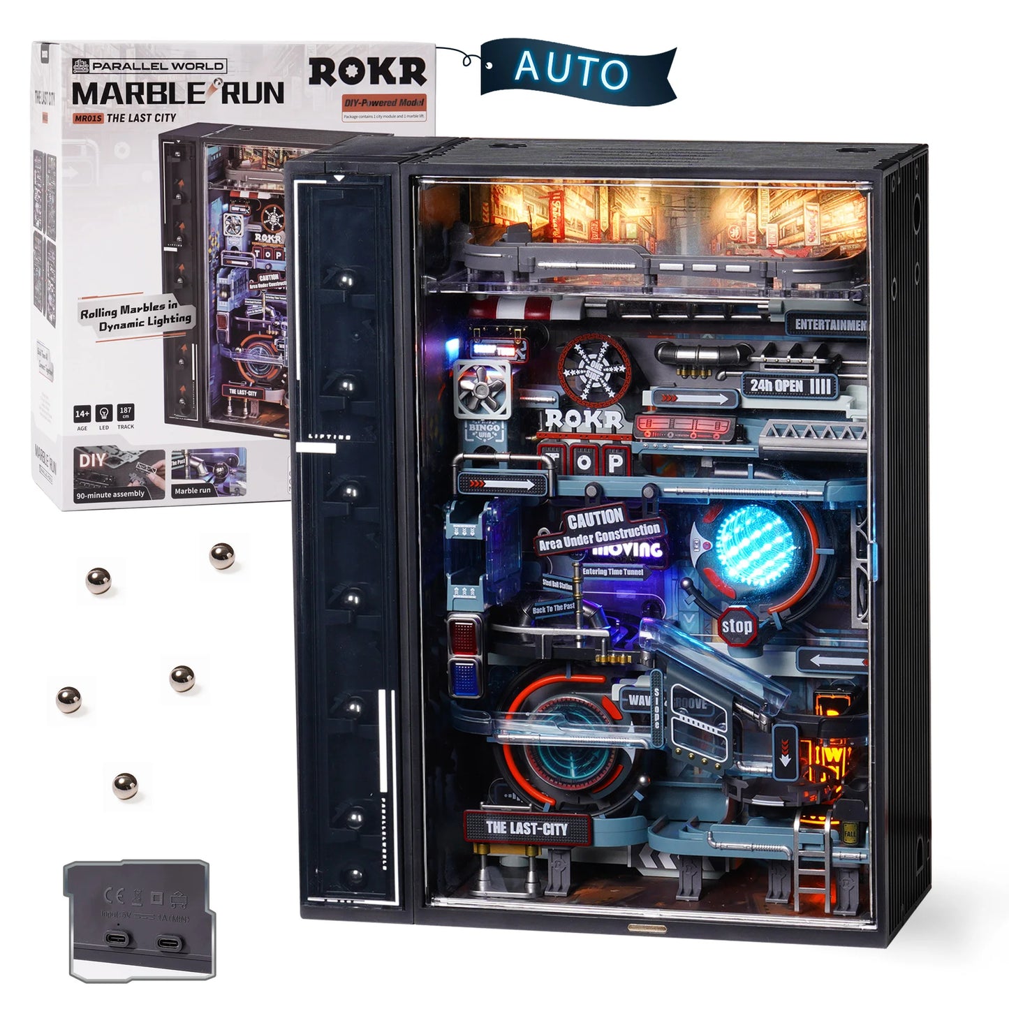 Maquette ROKR The Last City avec circuit de billes automatisé, éclairage LED et design cyberpunk – puzzle 3D interactif pour setup gaming