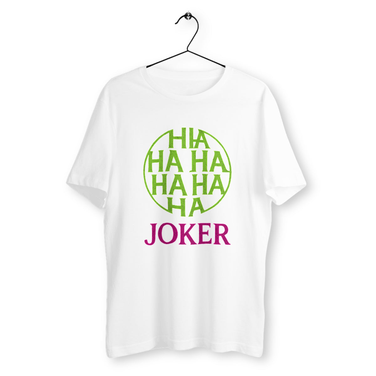 T-shirt blanc Joker avec cercle "HAHAHA" vert et lettrage rose fuchsia, design stylisé pop culture, coton bio, coupe unisexe – modèle signé Rétronic