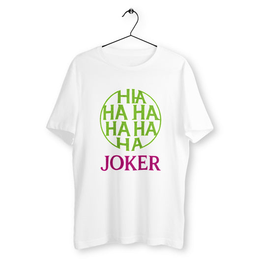 T-shirt blanc Joker avec cercle "HAHAHA" vert et lettrage rose fuchsia, design stylisé pop culture, coton bio, coupe unisexe – modèle signé Rétronic