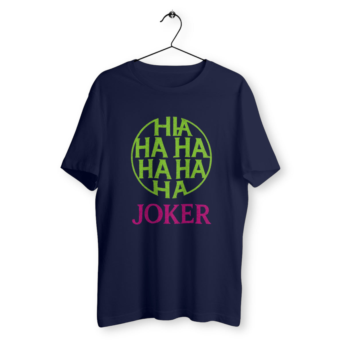 T-shirt bleu marine unisexe avec design Joker "HAHAHA" vert fluo et texte rose, style comics provocateur, impression premium en coton bio – marque Rétronic