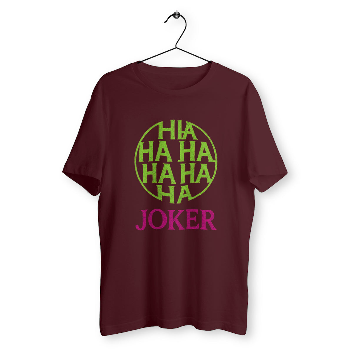 T-shirt bordeaux unisexe avec design Joker "HAHAHA" en vert fluo et logo rose, humour noir et style comics, impression coton bio de qualité – Rétronic
