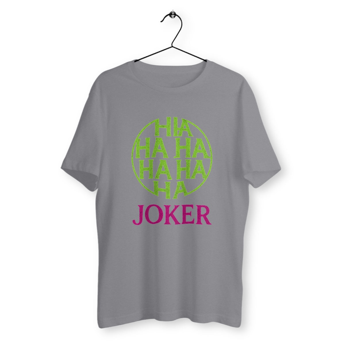 T-shirt gris unisexe avec impression Joker "HAHAHA" vert fluo et texte rose vif, style pop culture rétro et typographie percutante, en coton bio – marque Rétronic