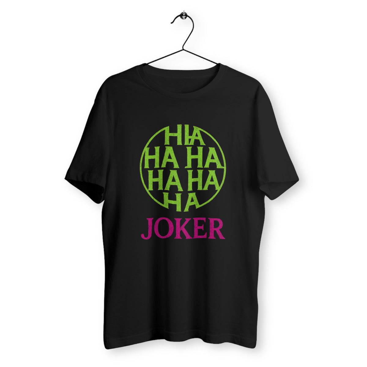 T-shirt noir unisexe avec design Joker "HAHAHA" vert fluo et typographie rose, style graphique percutant inspiré comics, en coton bio – signé Rétronic