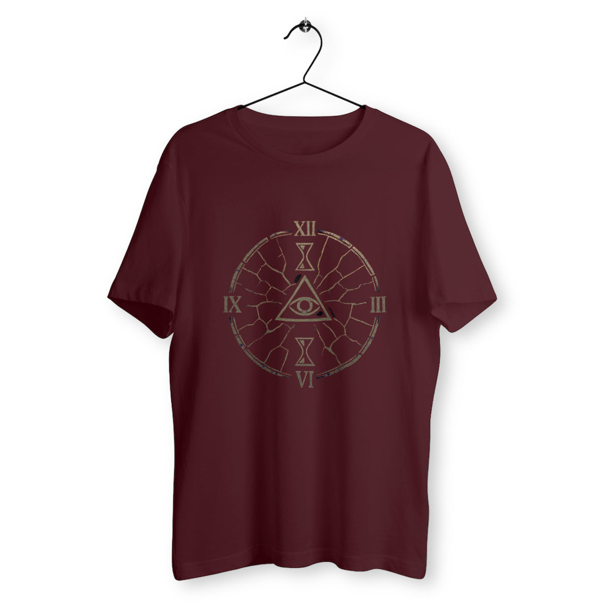 T-shirt bordeaux avec un symbole doré représentant un œil dans un triangle au centre d'une horloge craquelée de style mystique.