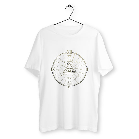 T-shirt blanc avec symbole ésotérique "Œil du Temps", design mystique doré représentant une horloge fracturée autour d’un œil central.