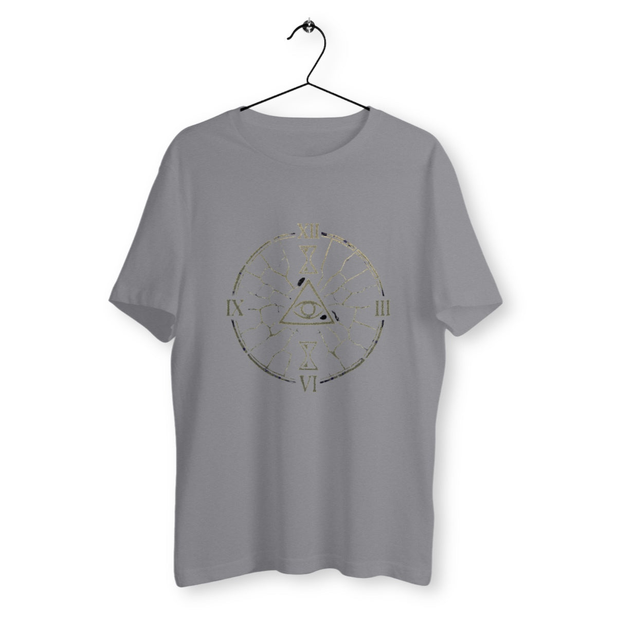 T-shirt gris orné d’un motif ésotérique doré représentant une horloge fracturée avec un œil central au sein d’un triangle.
