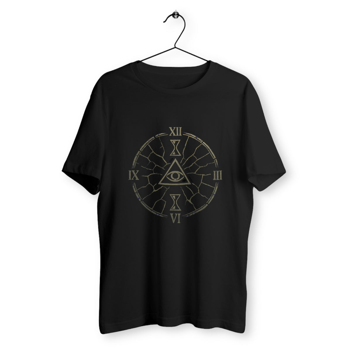 T-shirt noir avec symbole ésotérique "Œil du Temps", design doré représentant une horloge mystique fracturée autour d’un œil central.