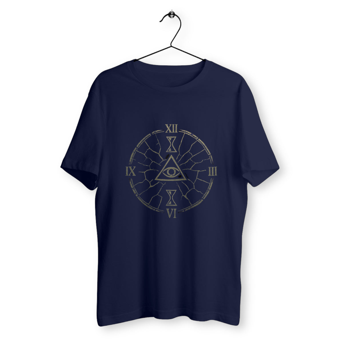 T-shirt bleu marine avec design ésotérique doré représentant un œil central dans un triangle, entouré d’une horloge fracturée.