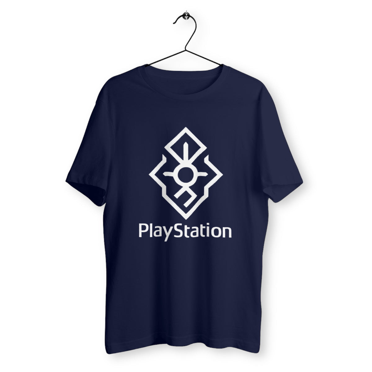 T-shirt bleu marine suspendu sur cintre avec logo mystique blanc inspiré de PlayStation, design géométrique et symbolique, coupe unisexe.