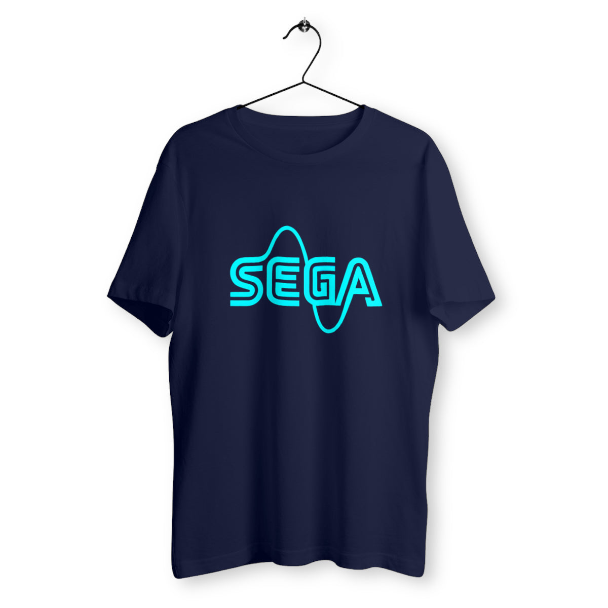 T-shirt bleu marine suspendu sur cintre avec logo SEGA stylisé en néon bleu ondulé, design rétro gaming années 90, coupe unisexe.