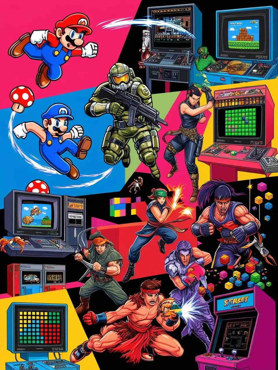Illustration rétro colorée regroupant des héros emblématiques du jeu vidéo, bornes d’arcade, et scènes pixelisées issues de l’univers 8 et 16 bits.