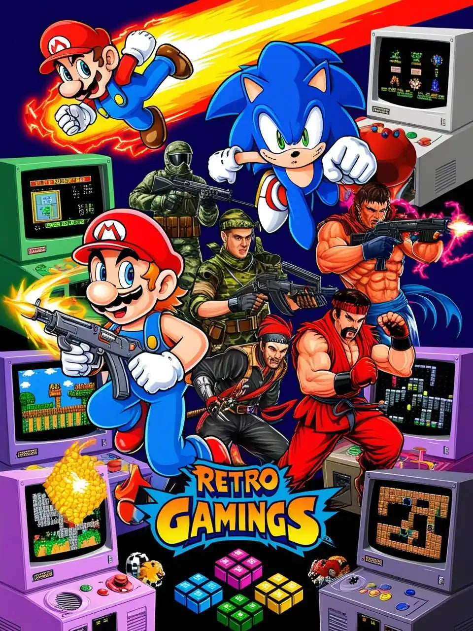 Collage rétro coloré avec Mario, Sonic, Ryu, soldats pixelisés et bornes d’arcade, illustrant l’univers du retro gaming des années 80–90.
